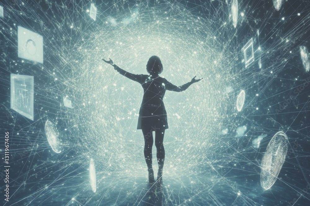 Poster a silhouette of a woman raises her arms in a dark digital environment filled with floating graphics 