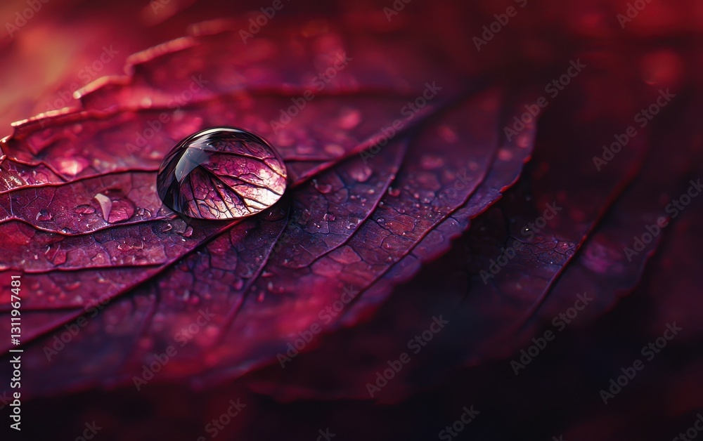 Wall mural a close-up of a water droplet on a leaf, showing the reflection of the surrounding environment in th