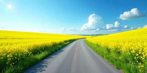 Asphalt Pathway Through a Vibrant Yellow Flower Field Under a Sunny Sky