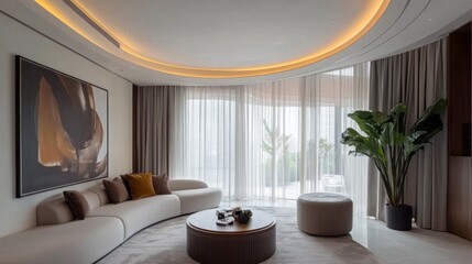 Soft lighting highlights the stylish curves of a minimalist living room, where a cozy sectional sofa invites relaxation, adorned with plush cushions and a chic coffee table for gatherings