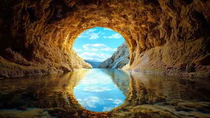 A breathtaking underground tunnel with shimmering reflections on cave walls, leading into the unknown