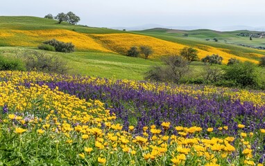 A field of bright yellow and purple wildflowers, with fresh spring greenery surrounding them, under a clear sky