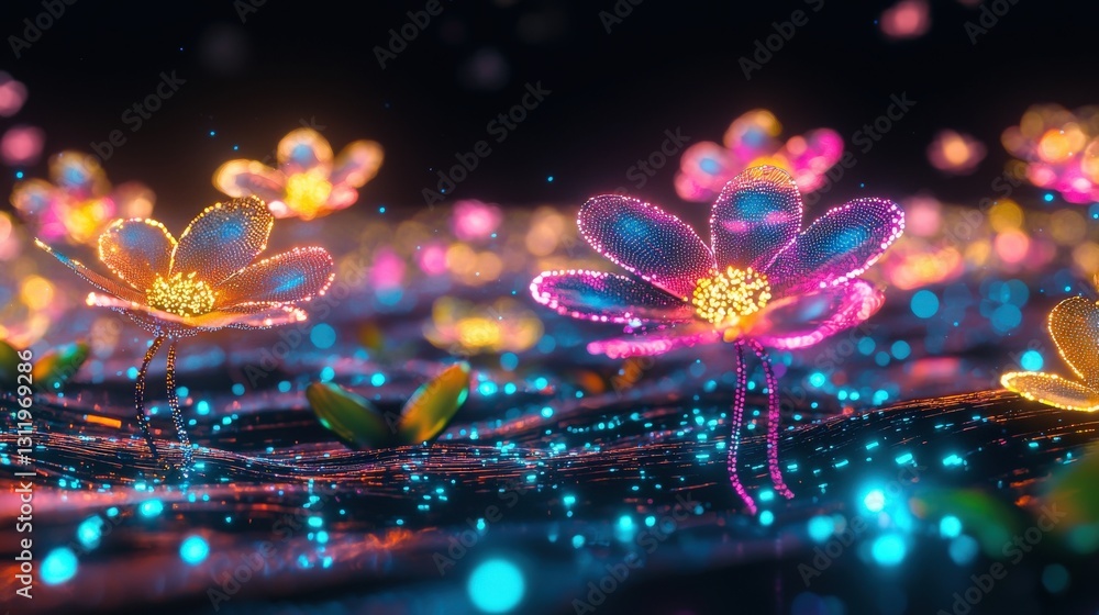 Poster a field of digital flowers with petals made of tiny glowing circuits.