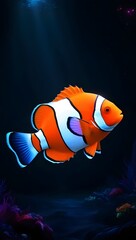 A glowing clownfish with neon red, blue, and turquoise accents swims in a mystical dark ocean, surrounded by ethereal light and color.