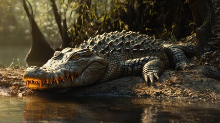 Obraz premium A crocodile basking in the sun on the riverbank, its jaws slightly open as it lounges by the water