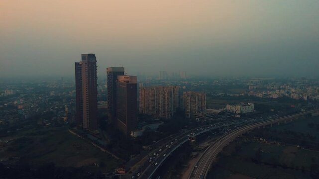 Aerial view of Kolkata Famous Five Star Hotel JW Marriott Drone View during Sunset