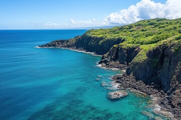Fototapeta premium Coastal Serenity: A breathtaking aerial view reveals a rugged coastline, where verdant cliffs meet the sparkling, azure ocean under a vibrant sky