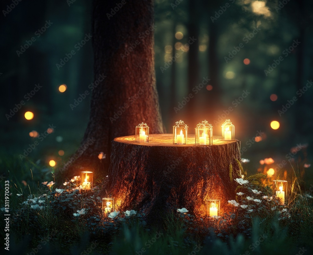 Poster a serene forest scene featuring glowing lanterns surrounding a tree stump, illuminated by soft light