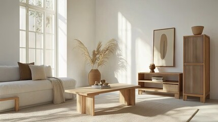 A bright and peaceful living room setup with natural materials, minimalistic furniture, and warm lighting