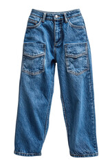 Denim cargo pants on a black background.