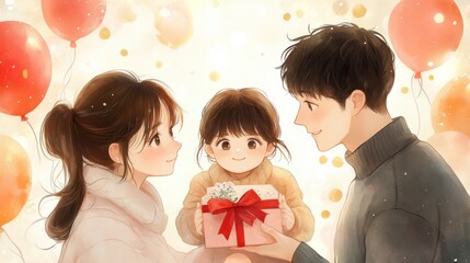 A joyful family scene depicting a young girl presenting a gift to her parents, surrounded by balloons and a festive atmosphere, Ideal for themes of love, family celebrations, or events related to joy