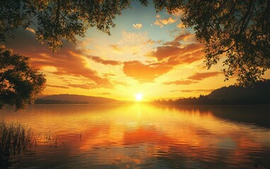 A glowing sunset over a tranquil lake, casting long shadows across the landscape