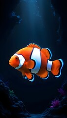 A glowing clownfish with neon red, blue, and turquoise accents swims in a mystical dark ocean, surrounded by ethereal light and color.