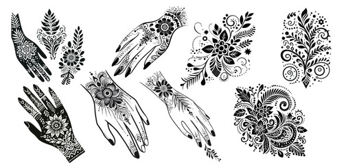 Fototapeta premium Intricate Henna Designs: Exquisite collection of detailed henna patterns featuring hands and floral motifs, ready to be used for body art or design projects. 