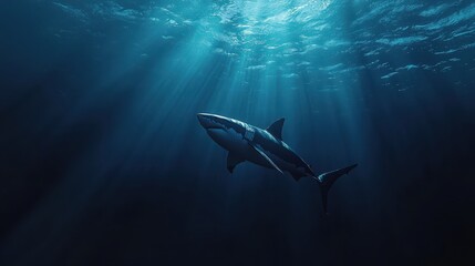 Fototapeta premium A great white shark swimming in deep blue waters, its sleek body cutting through the ocean