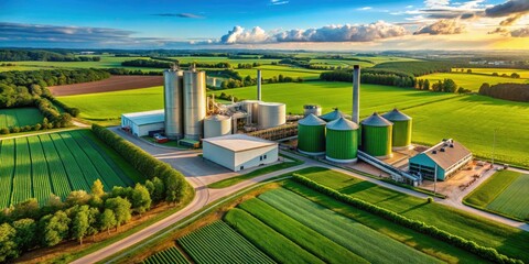 Aerial View of a Bioenergy Plant - Eco-Friendly Sustainable Energy Production, Panoramic Sweep with Blank Space for Design Elements