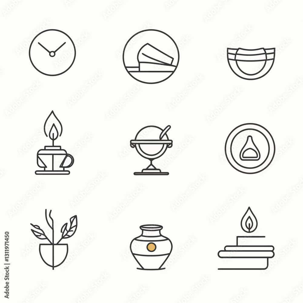 Poster collection of outline drawings of objects on a white background.