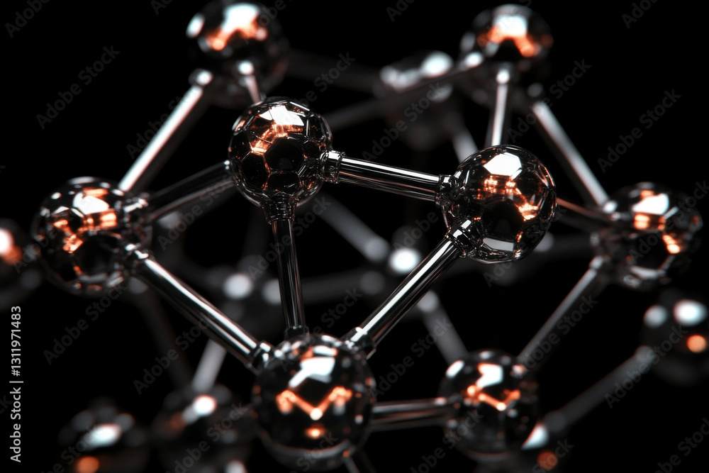 Poster a detailed view showcases interconnected atoms with reflective surfaces, highlighting the complexity