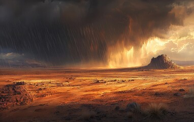 A fast-moving thunderstorm over a desert, with rain quickly transforming the dry landscape into a muddy terrain