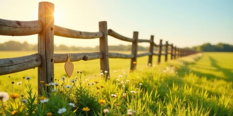 Fototapeta premium Rustic wooden fence in a sunlit meadow with wildflowers and a small heart-shaped decoration