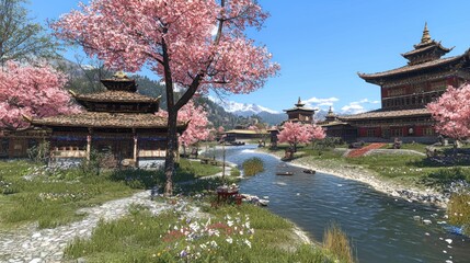 Fototapeta premium Asian village, cherry blossoms, calm river, mountain backdrop, tranquil scene