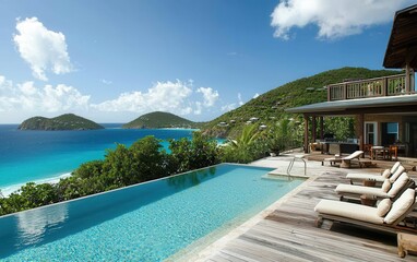 Fototapeta premium A beachside villa rental with contemporary decor, an infinity pool, and a large deck perfect for lounging in the sun