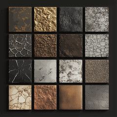 Set of 16 decorative square panels, textures, stone, metals, abstract art
