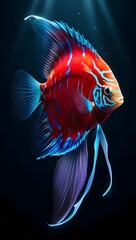 A radiant discus fish glows with fiery red, electric blue, and gold hues, floating elegantly in a dark, mystical underwater realm.