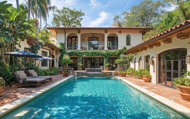 Fototapeta premium A beautiful villa with Mediterranean-style architecture, a large outdoor patio, and a sparkling pool surrounded by lush gardens