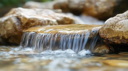 Serene cascade over sedimentary rock formations in tranquil waters