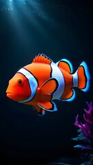A glowing clownfish with neon red, blue, and turquoise accents swims in a mystical dark ocean, surrounded by ethereal light and color.