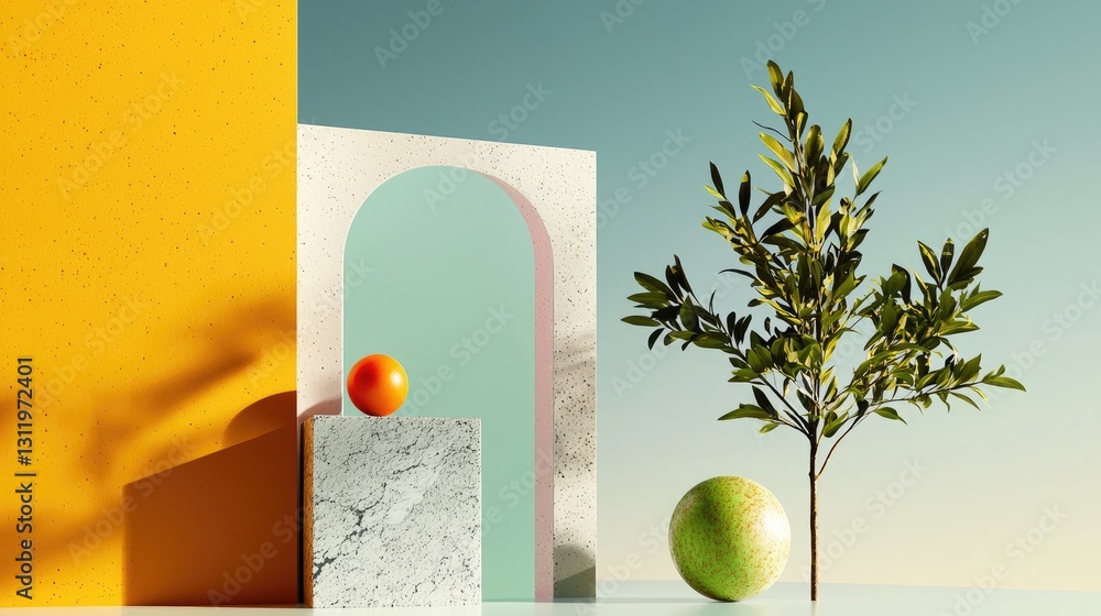 Poster a clean minimalist design featuring soft pastel shapes with a noise grain overlay