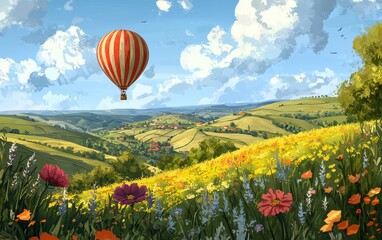 Fototapeta premium A hot air balloon soaring over a summer landscape with rolling hills, fields of flowers, and a bright blue sky