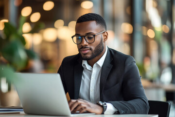 Fototapeta premium Focused man working on laptop in modern office environment