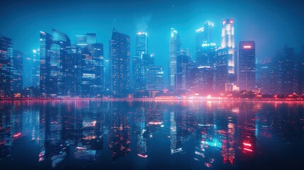 Futuristic city skyline reflected in a tranquil water body at night