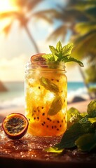passion fruit mojito in an artisan glass mason jar on the beach
