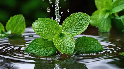 A close-up of dewy mint leaves bursting through water, with fresh ripples and droplets captured mid-splash