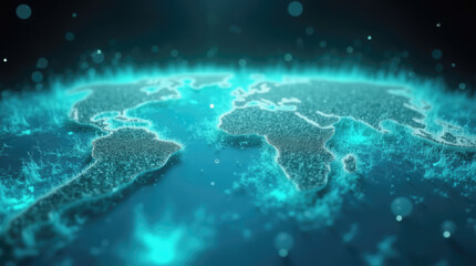 A luminous representation of Earth showcases continents in a vibrant glow against a deep blue ocean backdrop, creating an immersive, high-tech visual experience