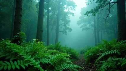 Obraz premium Forest in fog, fern close up.