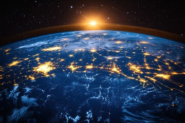 Obraz premium Experience the awe-inspiring beauty of Earth from space illuminated in this breathtaking image. Marvel at our planet's splendor from above.