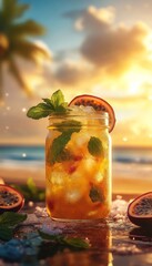 passion fruit mojito in an artisan glass mason jar on the beach