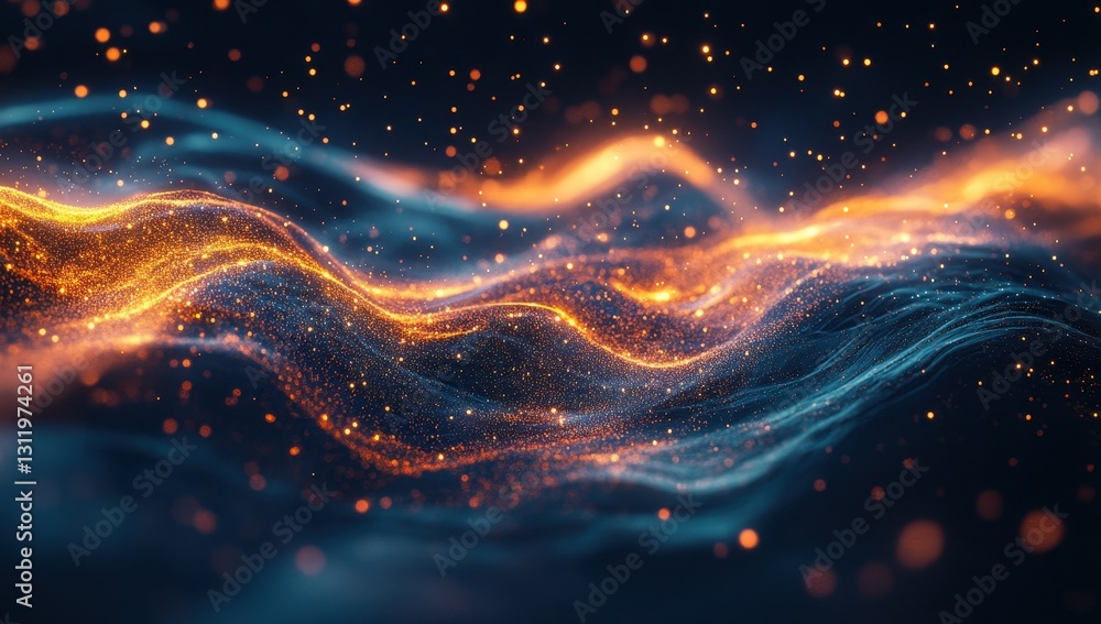 Poster abstract waves with glowing particles in blue and orange colors creating a dreamy and enchanting vis