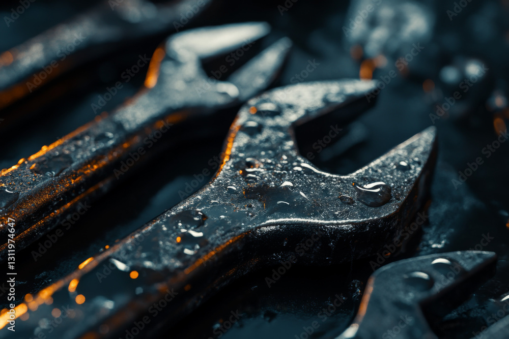 Poster wrenches with water droplets are arranged on a workbench in a workshop, illuminated by soft light af