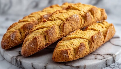 Fototapeta premium Delicious Freshly Baked Bread Loaves on Marble Surface A Captivating Still Life Photography showcasing the golden-brown crust, intricate textures, and artisanal craftsmanship of homemade bread