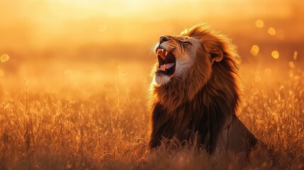 Naklejka premium A majestic lion roaring in the wild savanna at sunrise, with a backdrop of golden grass and soft lighting