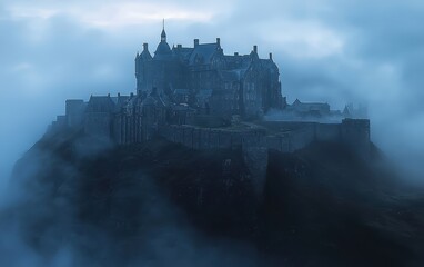 A misty, ancient castle on a hilltop under a moody sky