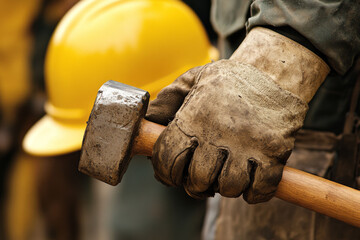 A worker grips a hammer tightly with worn gloves as a yellow safety helmet is visible behind him at a construction site during daylight Generative AI