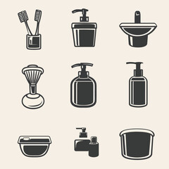 Bathroom Hygiene Icons: Toothbrush, Soap, Sink, Lotion - Vector Graphics