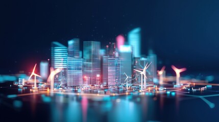 Fototapeta premium A futuristic cityscape with glowing buildings powered by renewable energy.
