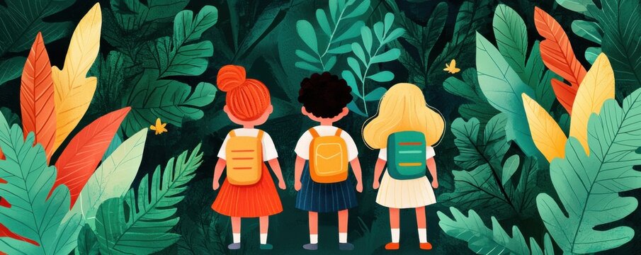 Adventure awaits three kids exploring a lush jungle nature illustration vibrant environment playful concept